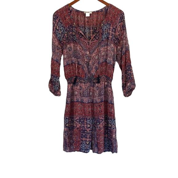 Lucky Brand Burgundy Floral 3/4 Sleeve V-Neck Peasant Mini Dress, Boho, M - Picture 1 of 14